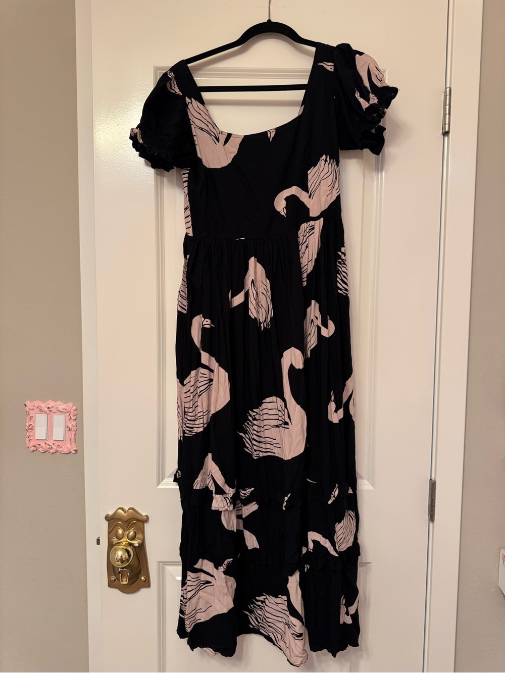 Anthropologie The Odell’s Black & Blush Swan Print Maxi Dress